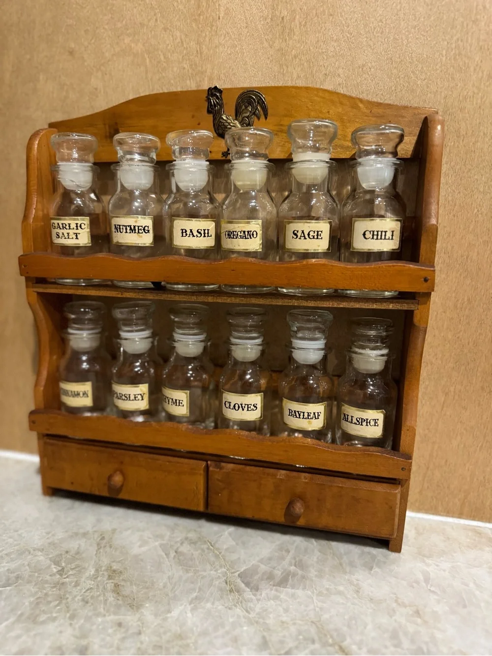 Vintage Wooden Spice Rack with Glass Jars - Brown